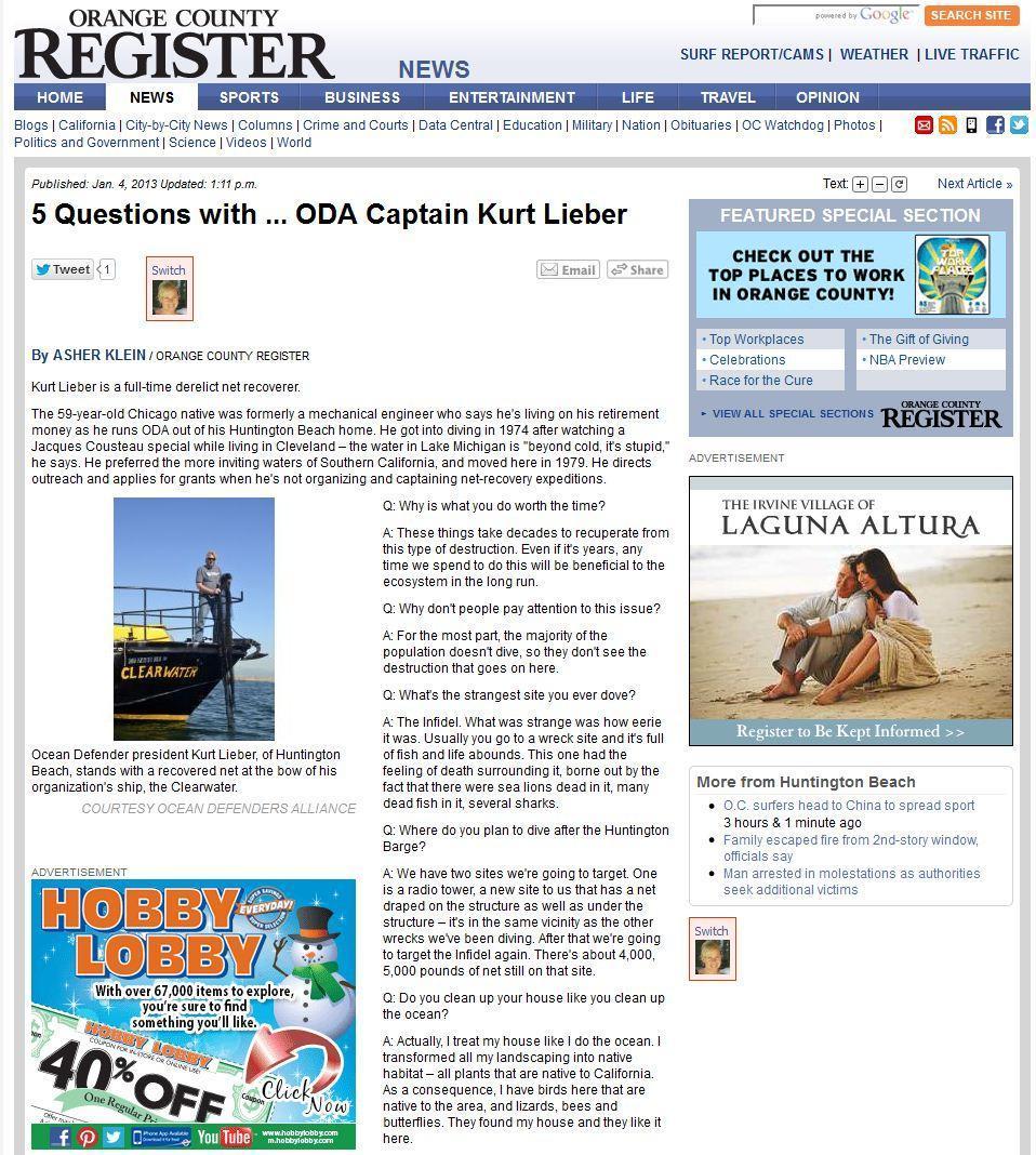 Orange County Register Online article about Ocean Defenders Alliance ODA 5 Questions