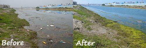 Before and after - clean Bolsa Chica Channel boom